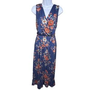 French Grey Floral Maxi Dress L Navy Blue Sleeveless Tiered Cottagecore Prarie
